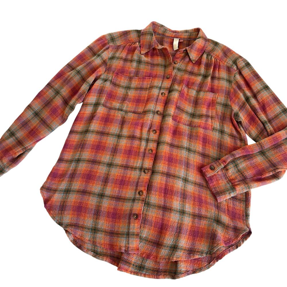 Anthropologie Pilcro Fall Plaid Button Down Blouse Women’s Medium Brown Orange - Picture 2 of 8